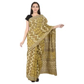 Green-Off White and Yellow Cotton Block Print Saree-20106
